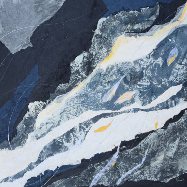 Peinture et collage réalisée par Véronique Arnault, artiste plasticienneA la lisière des nuits est une peinture inspirée du poème espérance d'Andrée Chédid.