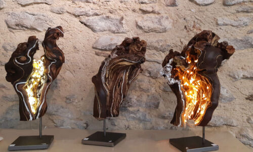 Travail sur bois réalisé en collaboration entre Véronique Arnault, plasticienne et Francis Clog, tourneur et sculpteur sur bois.