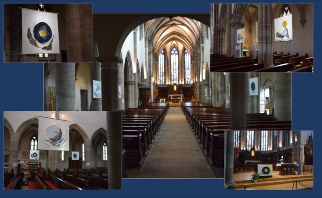 Suspensions réalisées pour les Chemins d'art sacré 2024 en Alsace par Véronique Arnault, artiste plasticienne, dans l'église Saint-Grégoire de Ribeauvillé.